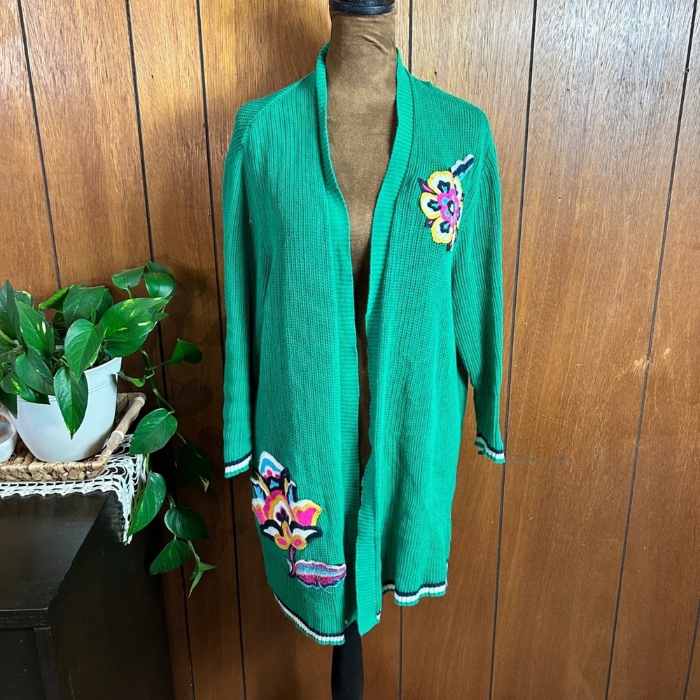 Vintage Peck & Peck Women's Green Knit Cardigan Sweater Floral‎ Embroidered